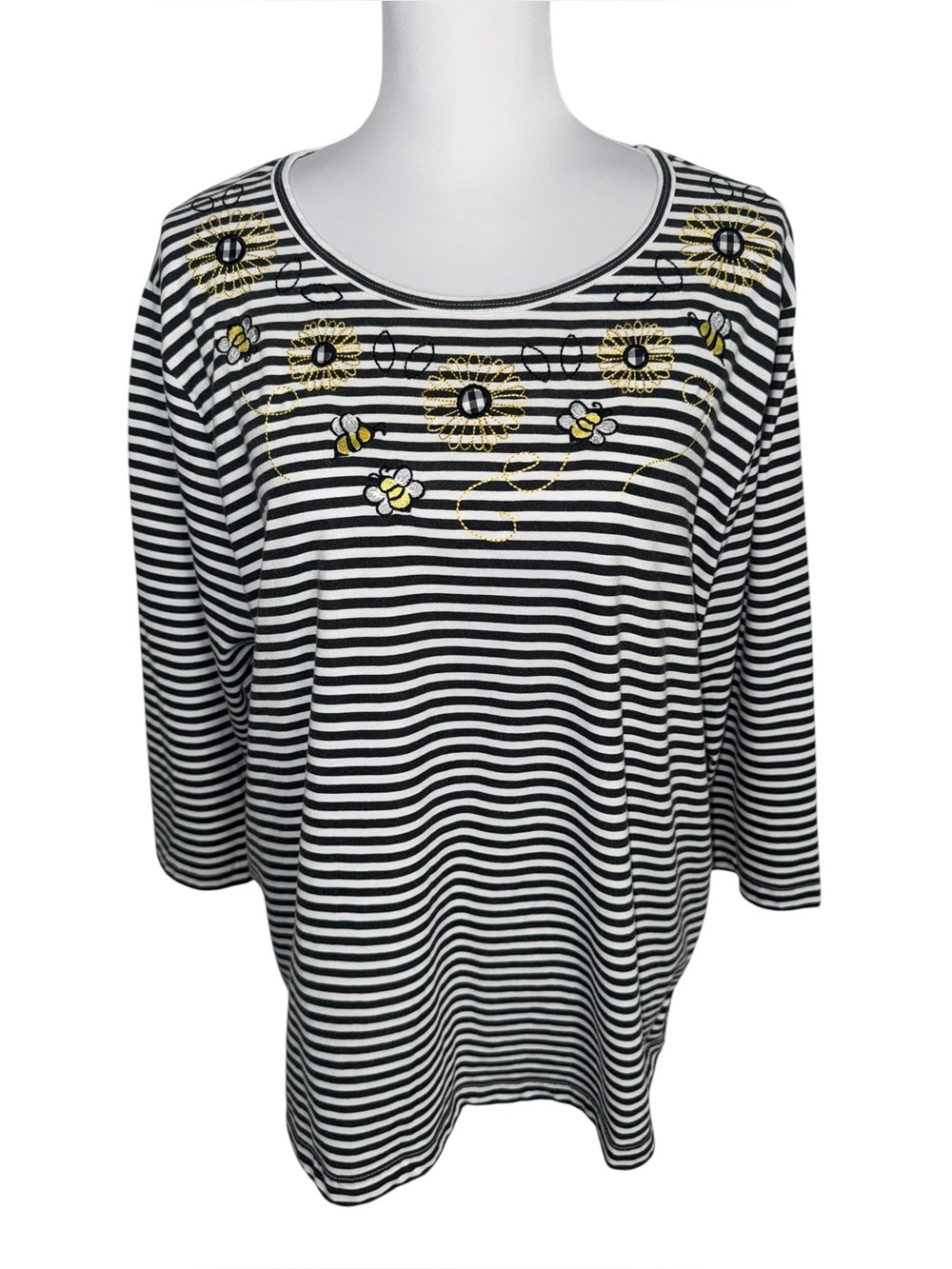 C&K Designs Striped Embroidered Bee Floral Top Womens 1X Cottagecore Whimsical